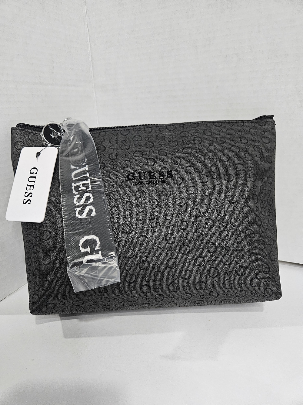 GUESS Black Gray Monogram Wristlet Clutch with Branded Strap